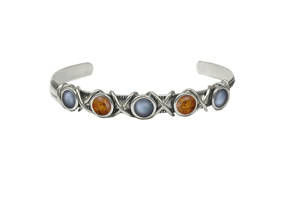 Sterling Silver Cuff Bracelet With Grey Moonstone And Amber